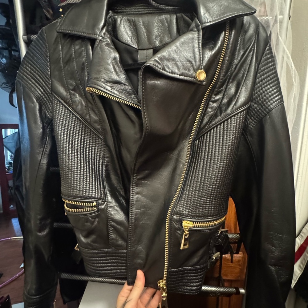 Animale Black and Gold Leather Jacket Moto Style